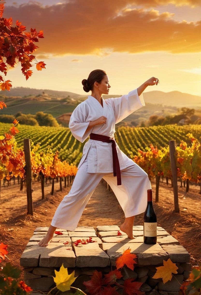 A dynamic scene featuring a karate enthusiast gracefully executing a kata pose amidst a vineyard, surrounded by vintage wine bottles elegantly displayed. The background showcases rolling hills of grapevines under a sunset, with warm golden hues illuminating the scene. Include artistic elements like swirling wine glasses and falling autumn leaves to symbolize the fusion of art and passion. super-realistic. vibrant colors. warm tones.