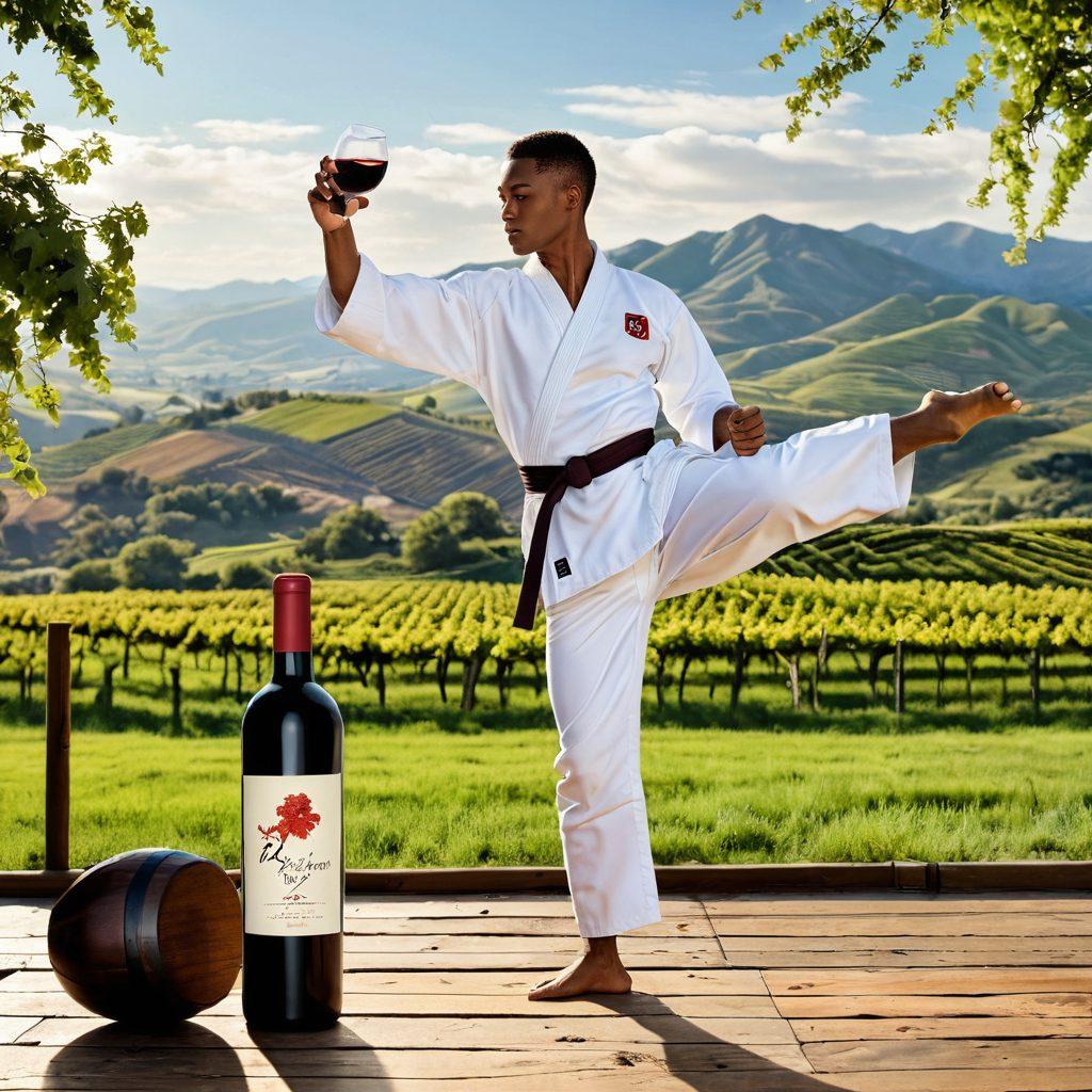 A dynamic scene featuring a karate enthusiast in traditional gi, performing a precise kick while elegantly holding an exquisite wine bottle in the other hand. The backdrop should be a picturesque vineyard with rolling hills, sunlit grapes, and a serene sky. Add subtle elements representing vintage wines, like a wooden barrel and glassware, harmonizing the themes of martial arts and fine wines. super-realistic. vibrant colors. 3D.