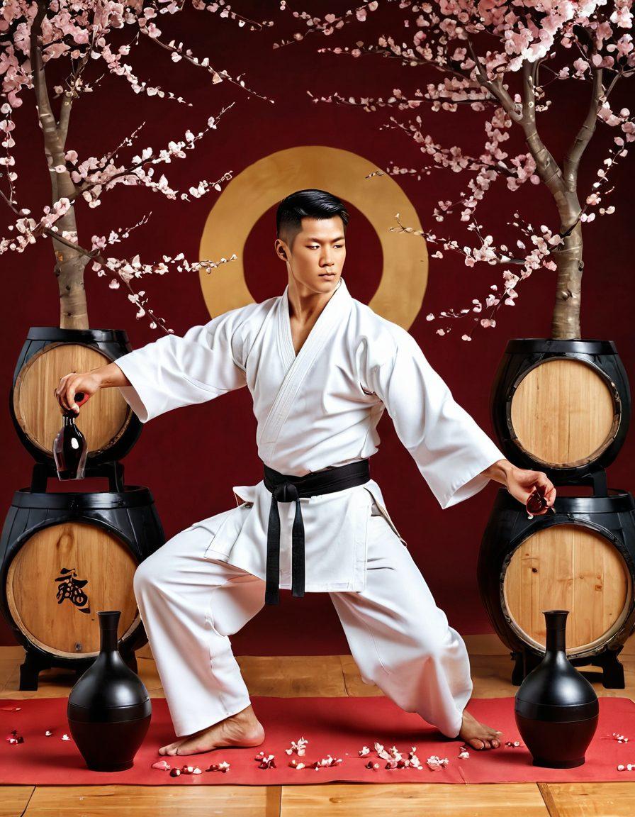 A dynamic scene blending a traditional dojo with elegant wine elements; a martial artist in a striking pose holding a wine decanter, surrounded by barrels of wine and scrolls of martial arts philosophy; soft cherry blossom petals gently falling around them, symbolizing harmony between the cultures; a serene atmosphere with warm, inviting colors. vibrant colors. 3D.